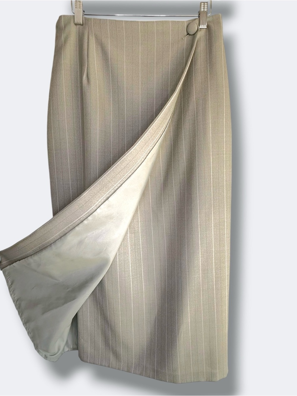 Vintage 1994 Marks & Spencer Sage Grey Wool Pinstripe Midi Skirt - Size 10 / M - Picture 6 of 16